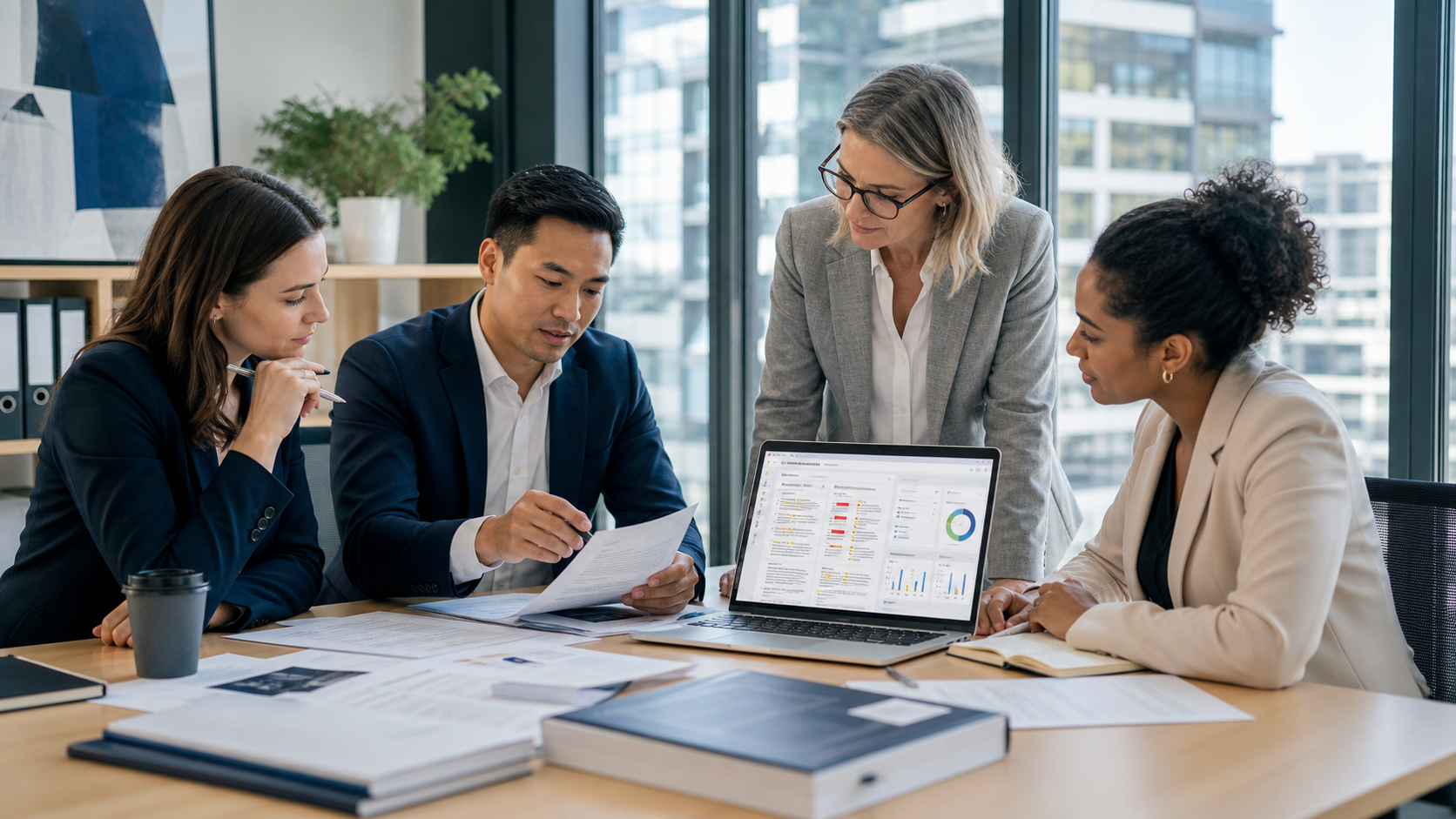 Legal team reviewing contracts with Contract Cloud analysis on screen