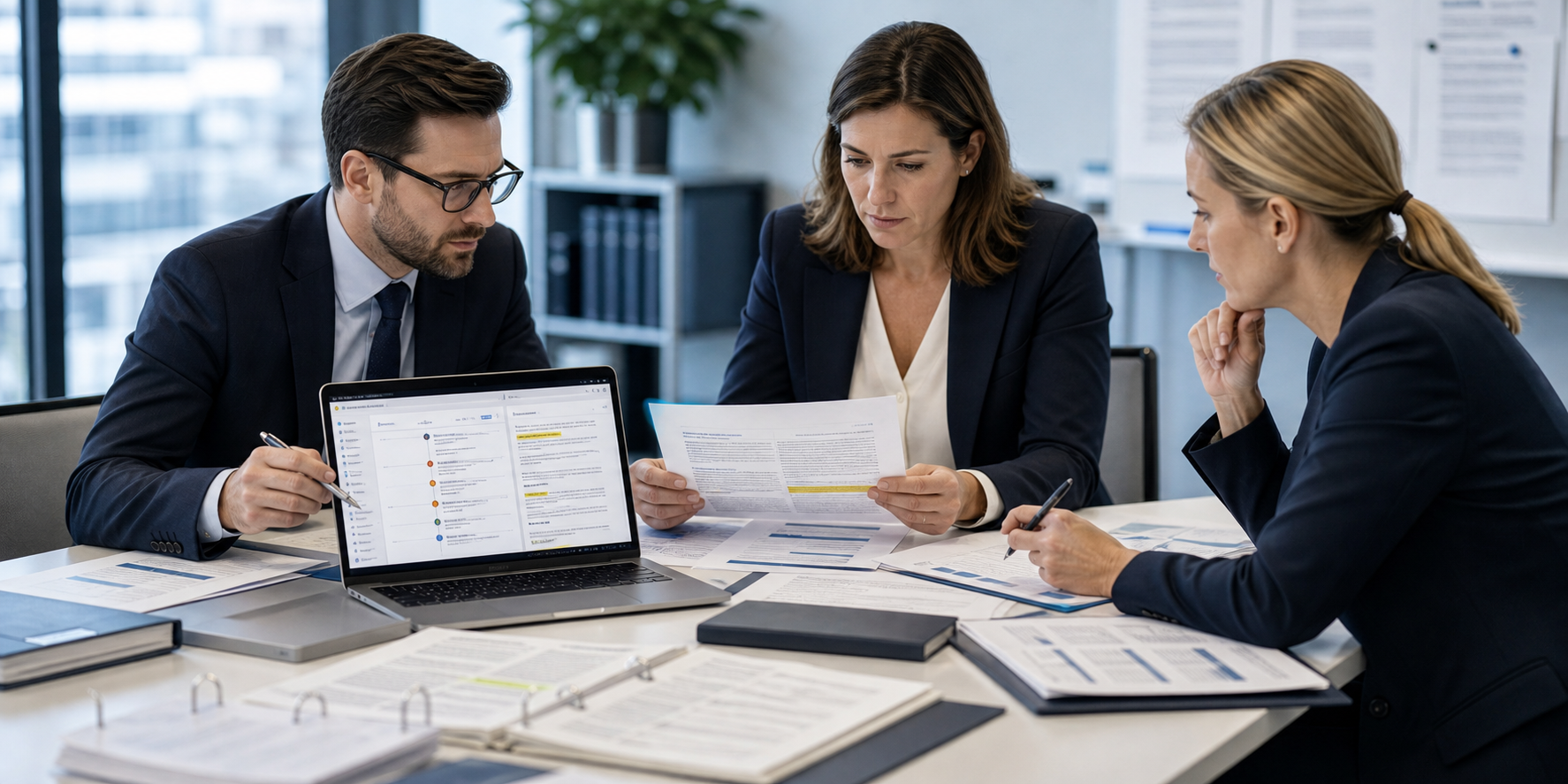 Legal professionals comparing contract documents and review evidence