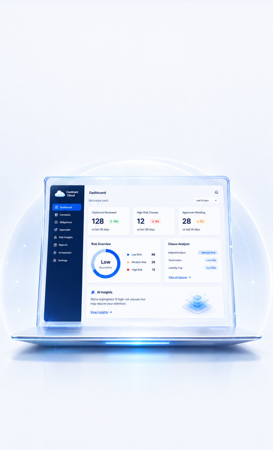 Contract Cloud dashboard preview on a glass laptop